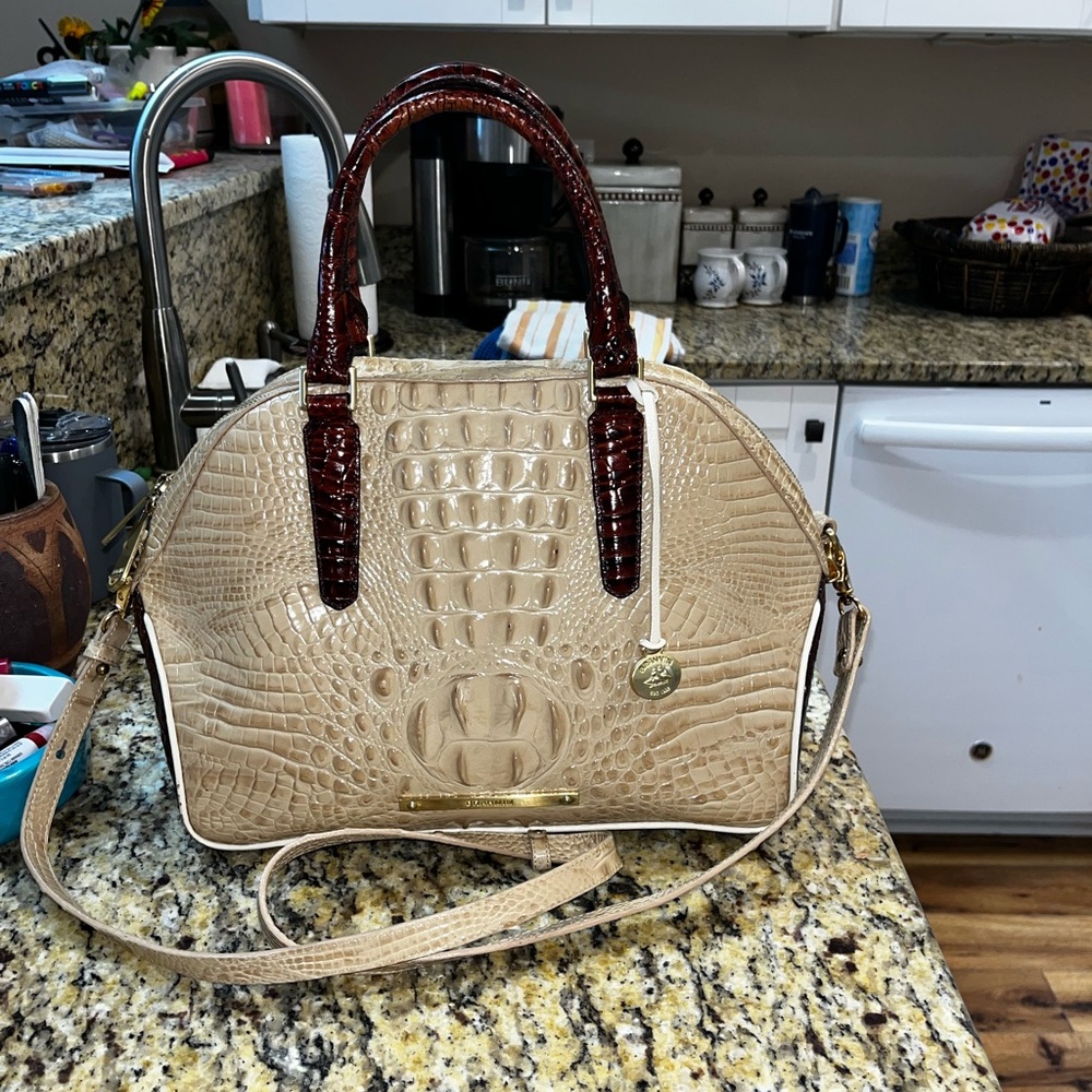 Brahmin Beige and Brown Croc-Embossed Satchel